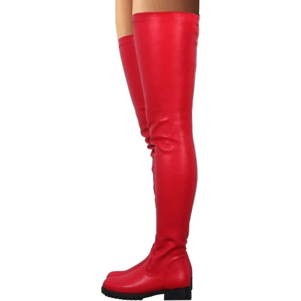 Women's Red Polyurethane Thigh High Over The Knee Rounded Toe Fashion Boots